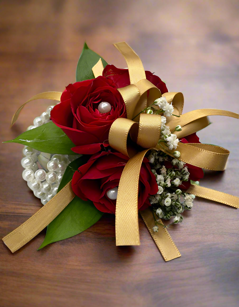 Red and Gold Pearl Wrist Corsage