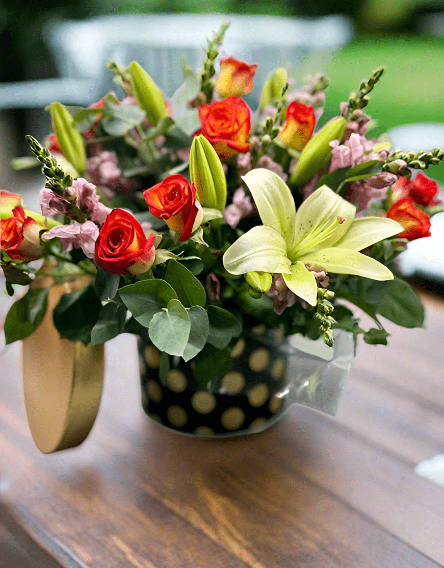 Black & Gold Celebration Arrangement in Hat Box - Impala Online