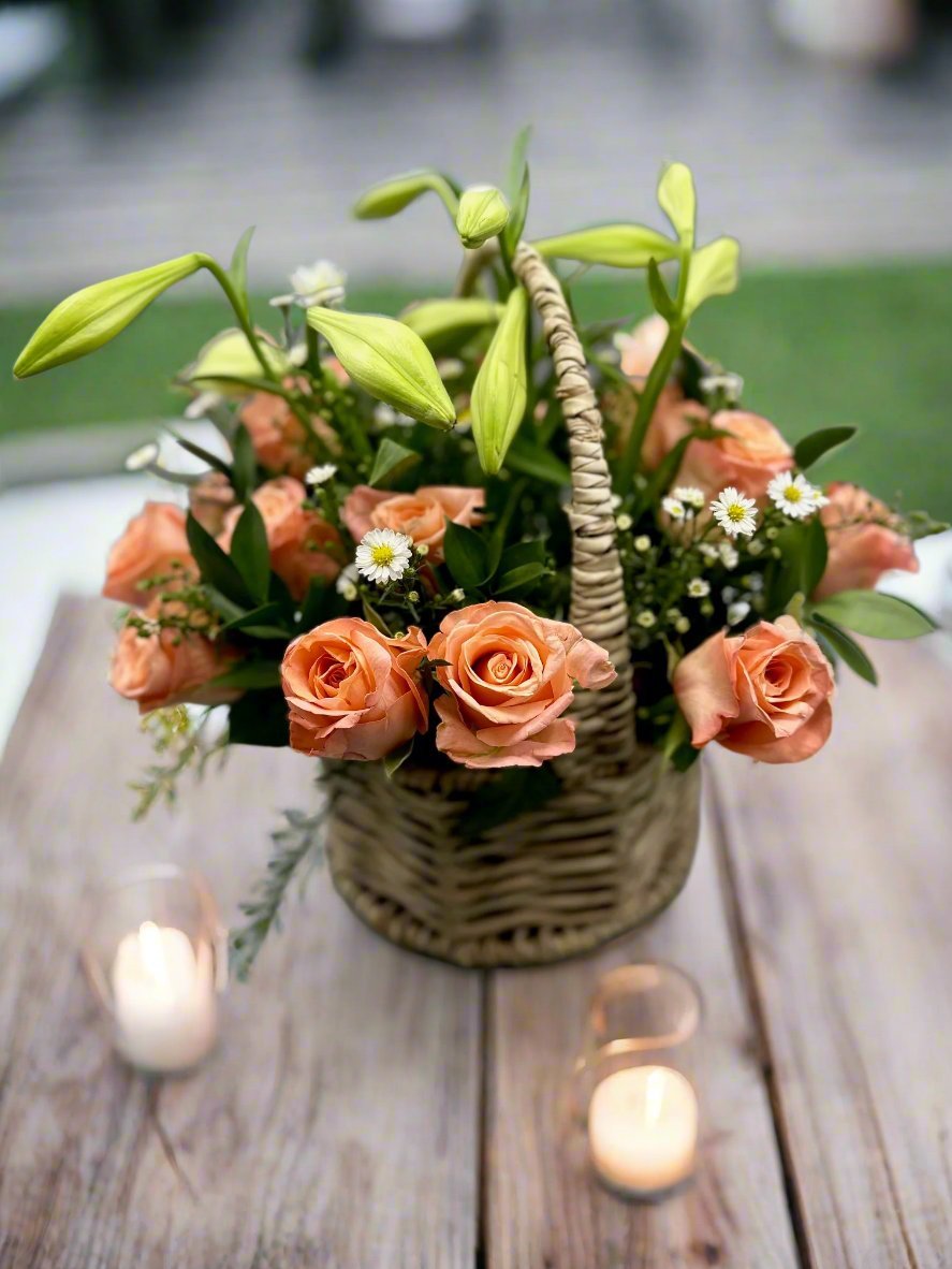 Salmon Rose & St. Joseph Basket Arrangement - Impala Online