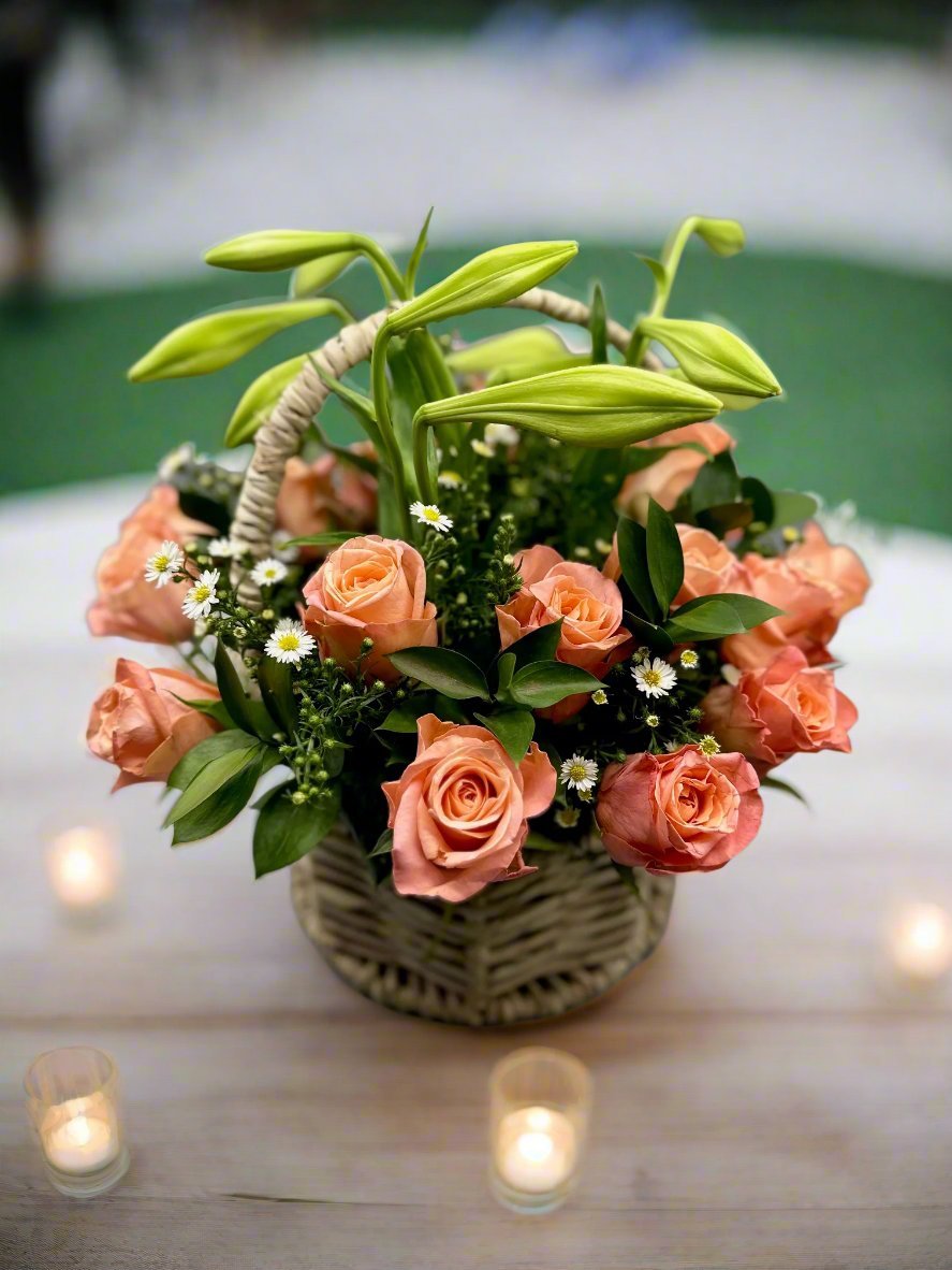 Salmon Rose & St. Joseph Basket Arrangement - Impala Online