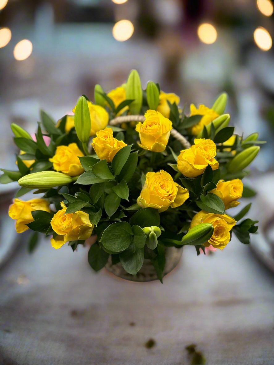 Yellow Rose and Lily Basket Arrangement - Impala Online