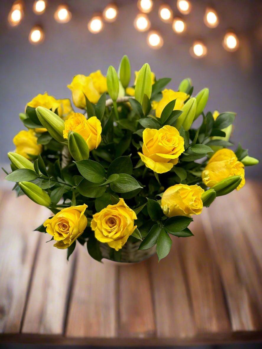 Yellow Rose and Lily Basket Arrangement - Impala Online