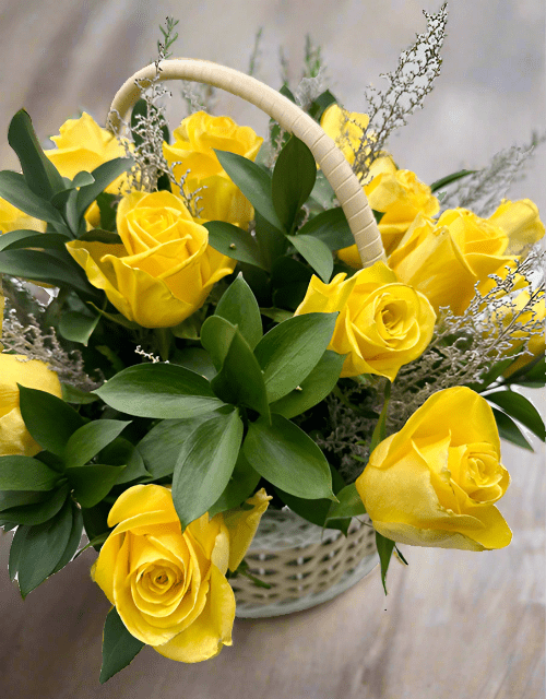 Yellow Sunshine Rose Basket Arrangement - Large - Impala Online