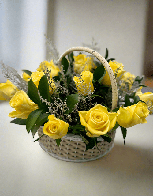 Yellow Sunshine Rose Basket Arrangement - Large - Impala Online