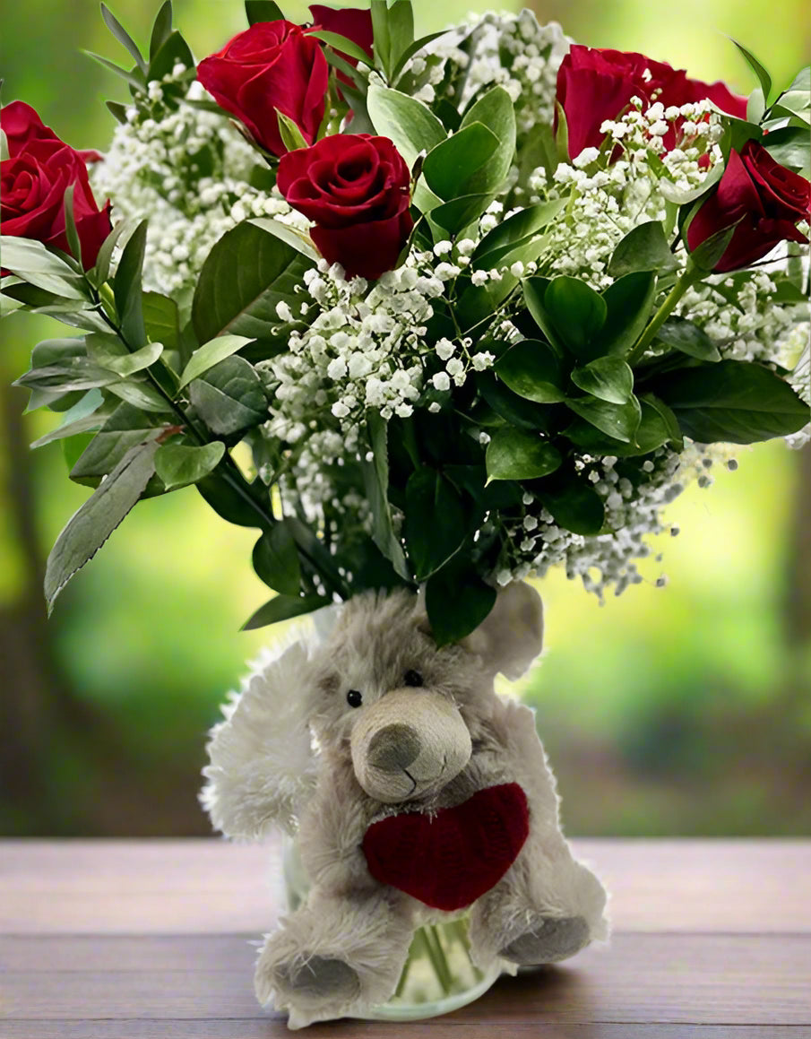 Red Roses in Vase (Medium) - with cute teddy - Impala Online