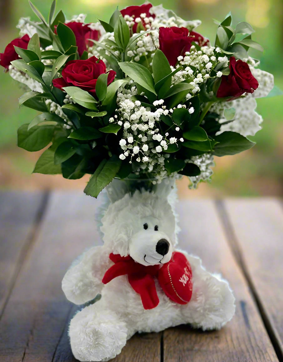 Red Roses in Vase (small) - with soft teddy - Impala Online